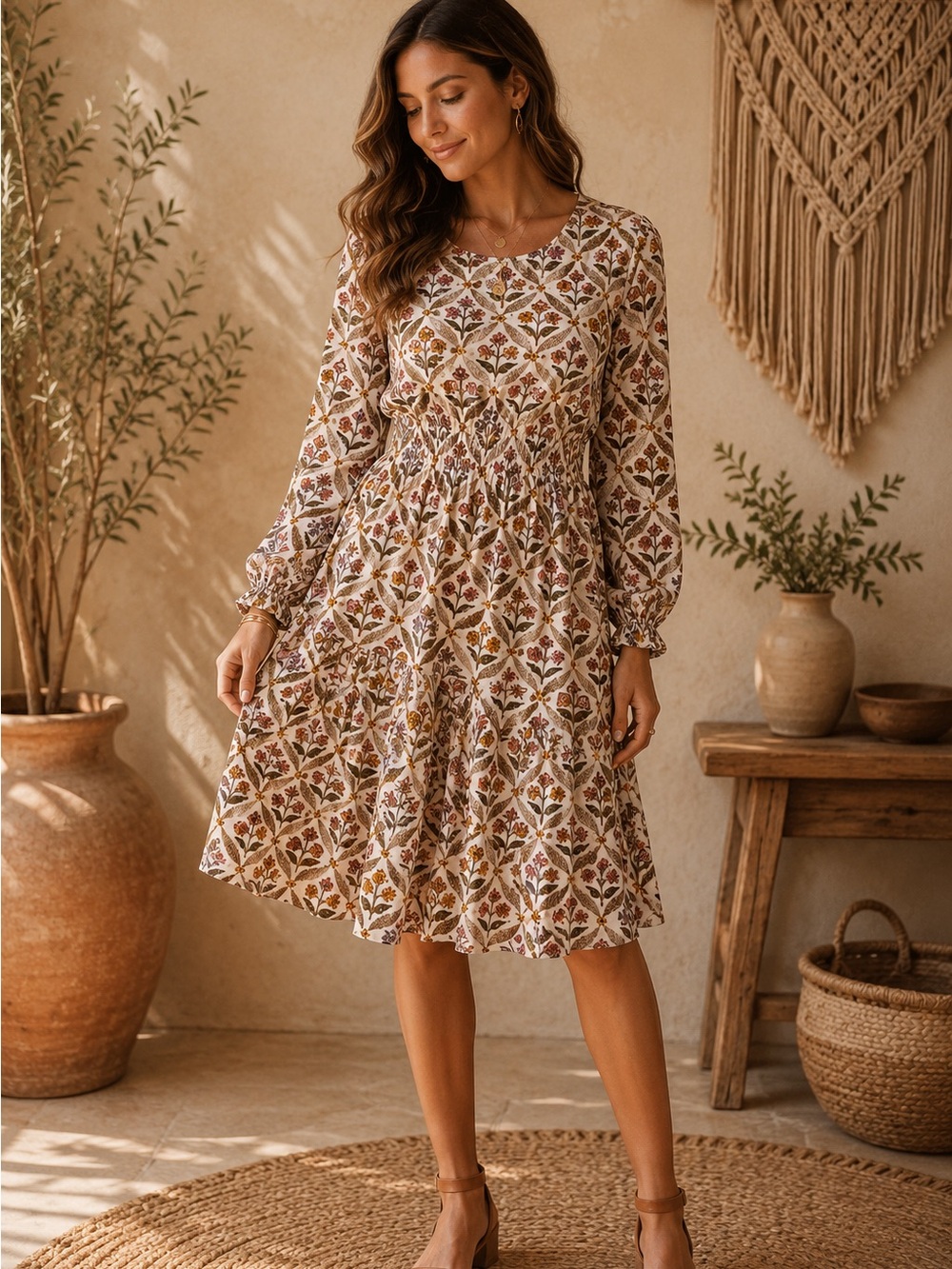 Anna Cate Floral Smocked Waist Long Sleeve Dress in Cream
